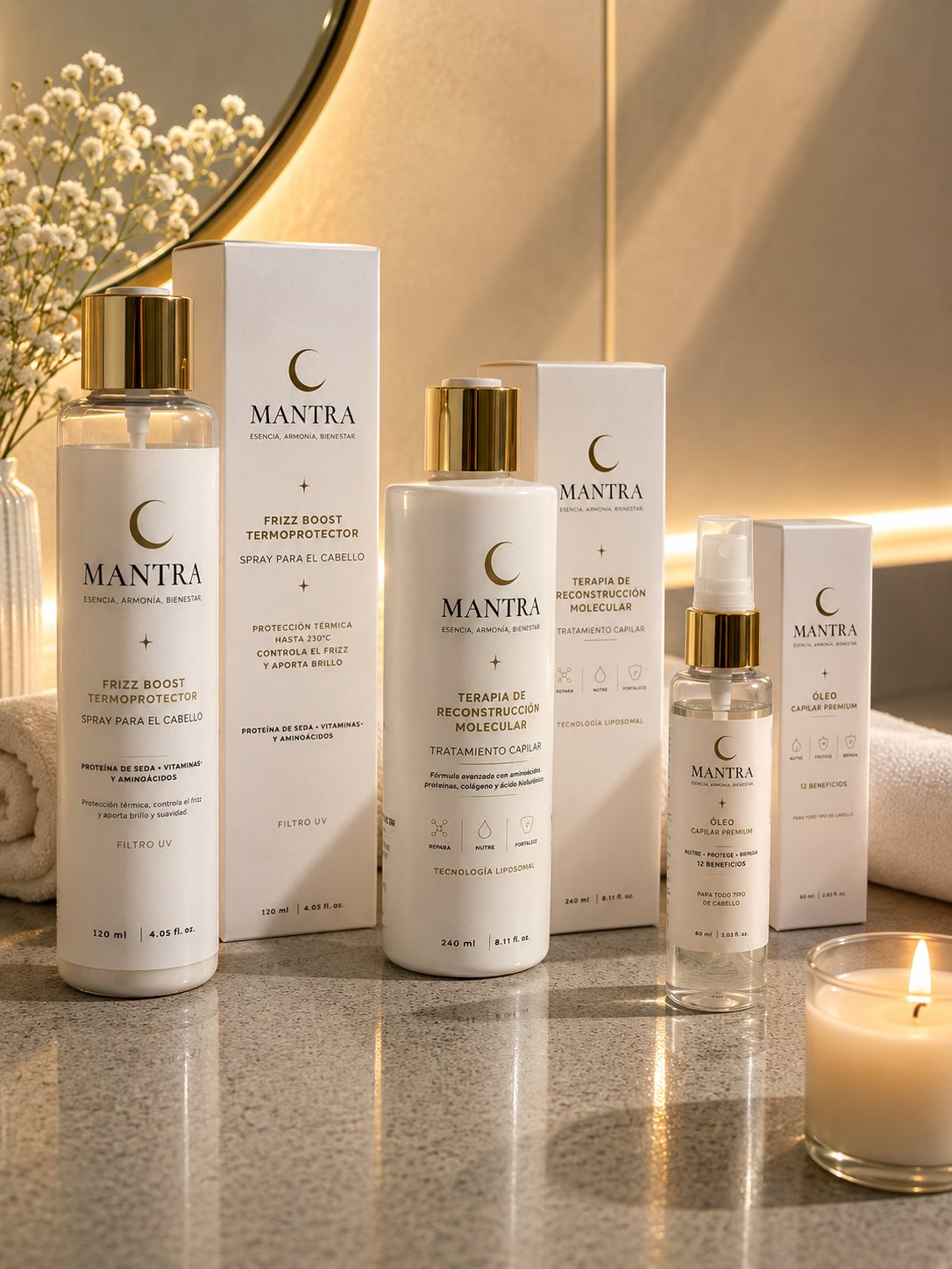 Productos Mantra en un baño con luz cálida