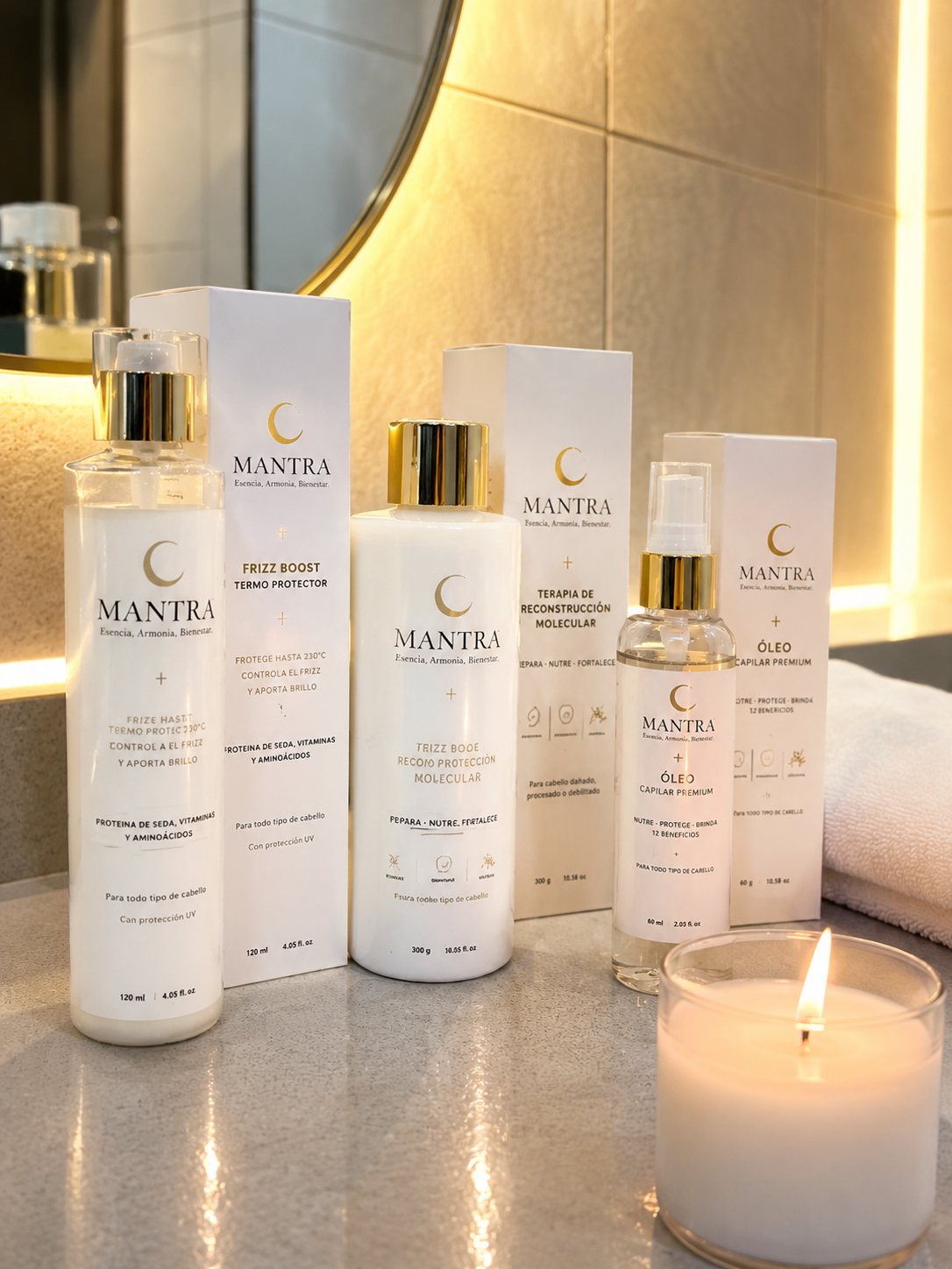 Productos Mantra junto a una vela encendida