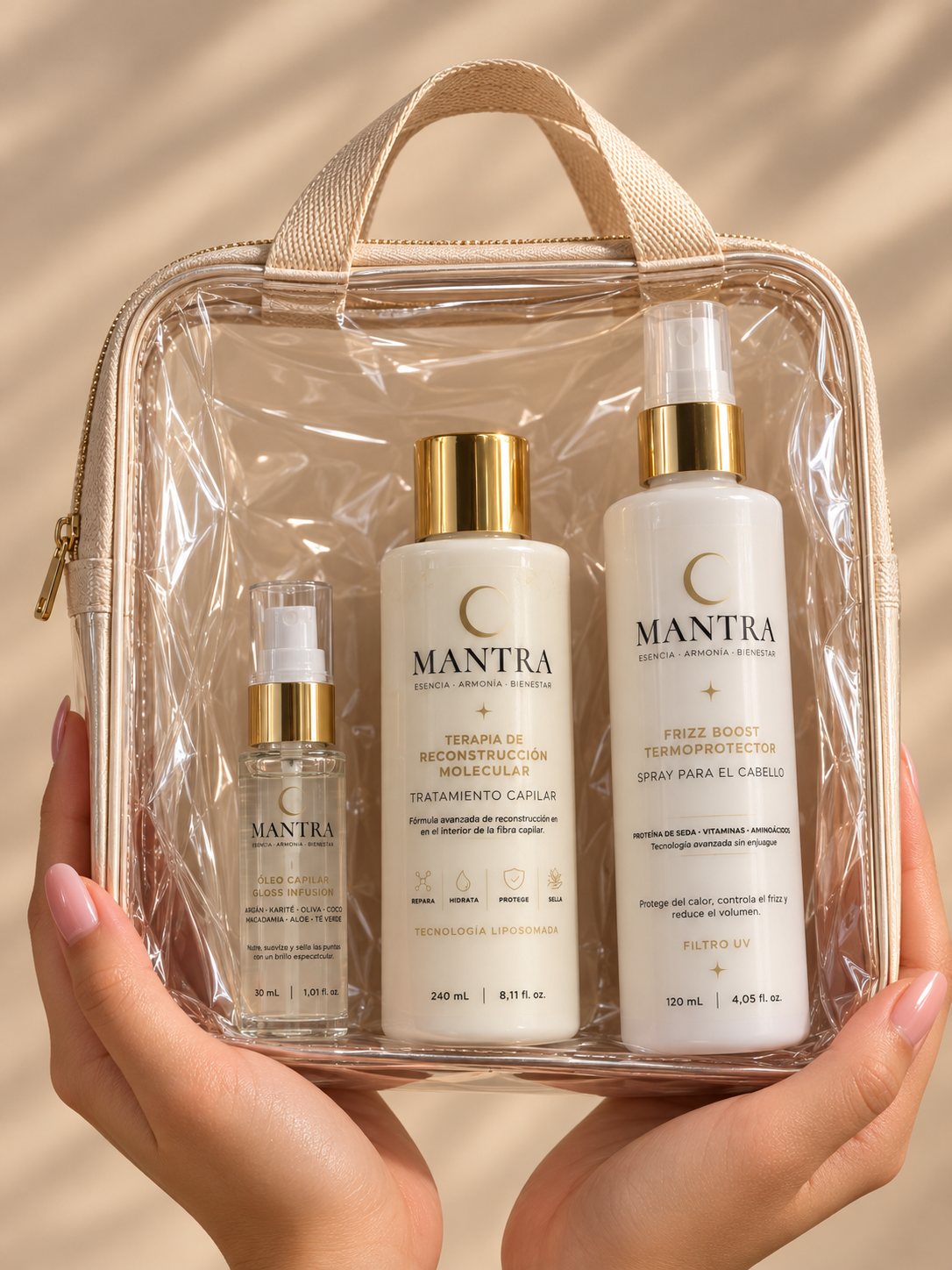 Kit rutina capilar completa de Mantra en un neceser transparente, listo para vitrina o regalo
