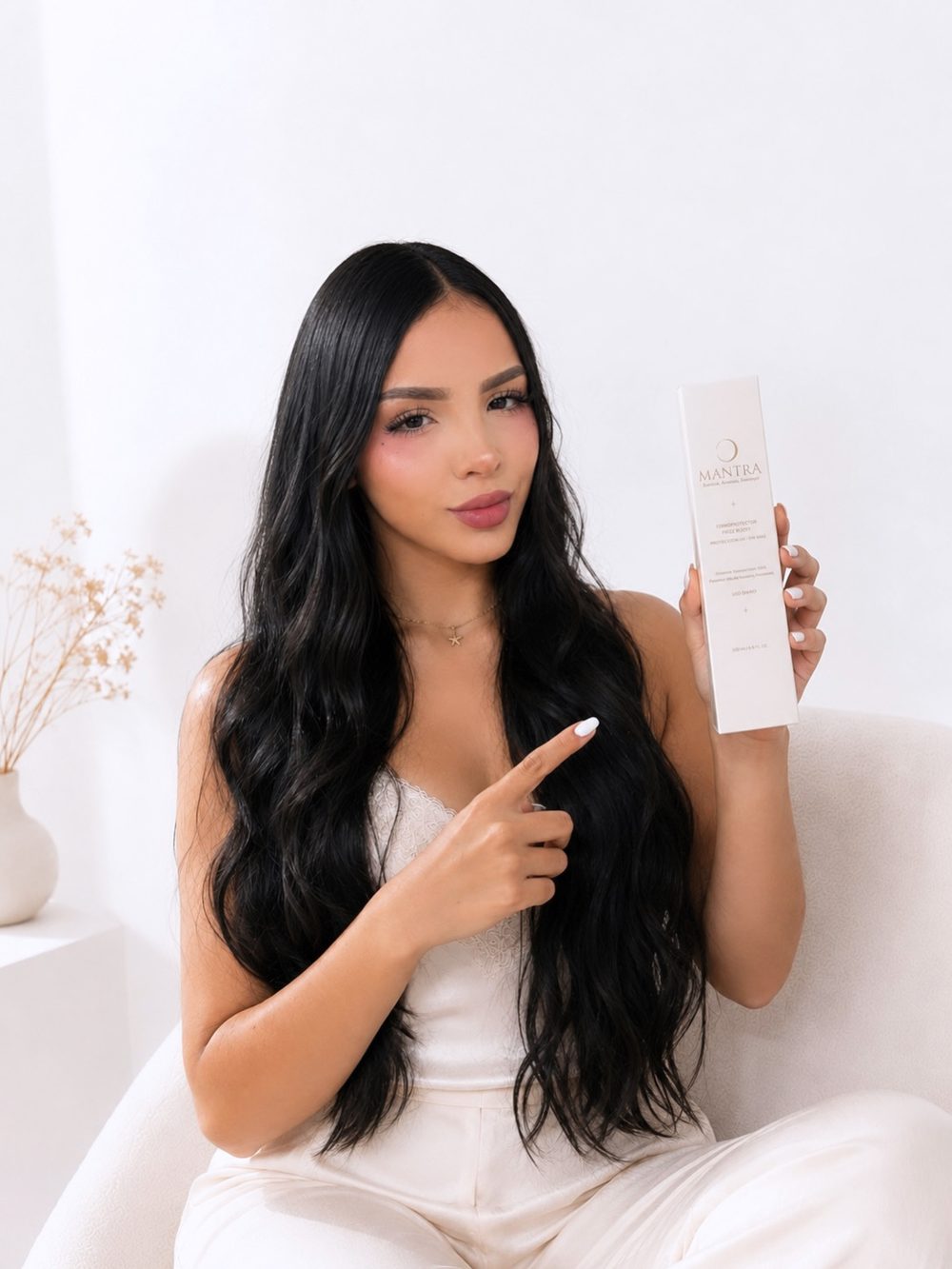 Sofía Arroyave sentada, mostrando el Frizz Boost Termoprotector